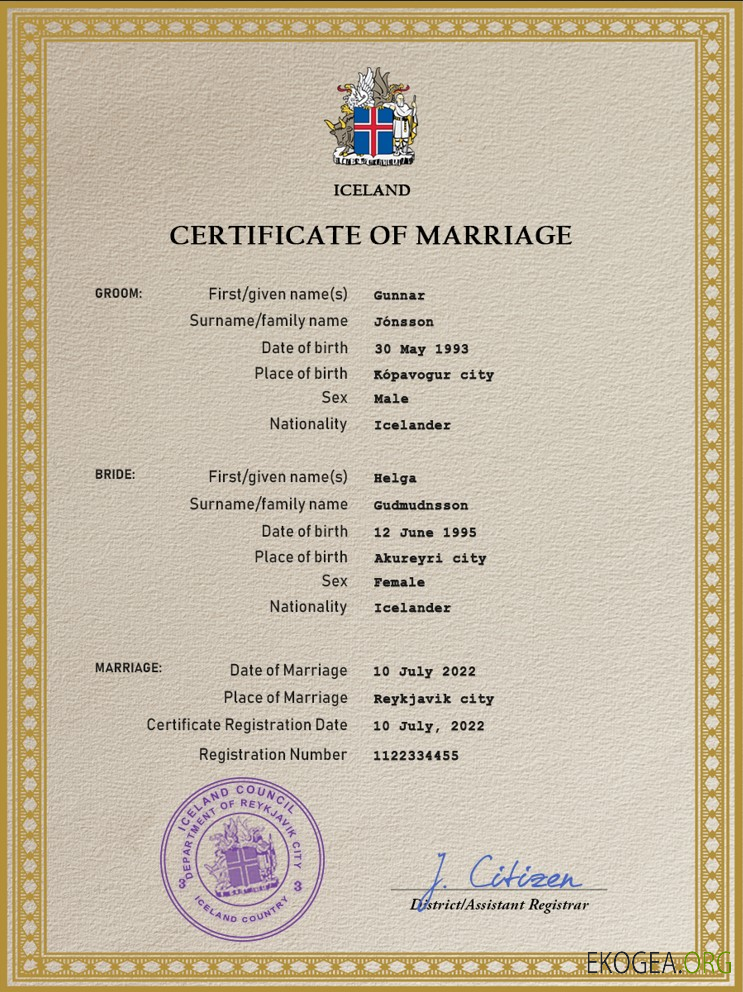 Modèle PSD de certificat de mariage en Islande